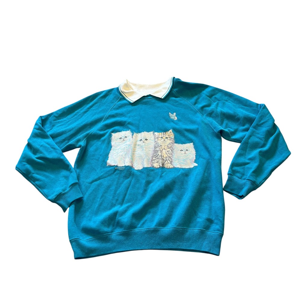 Vintage Morning Sun Hanes Kitten Graphic Collared Sweatshirt Teal Womens Large